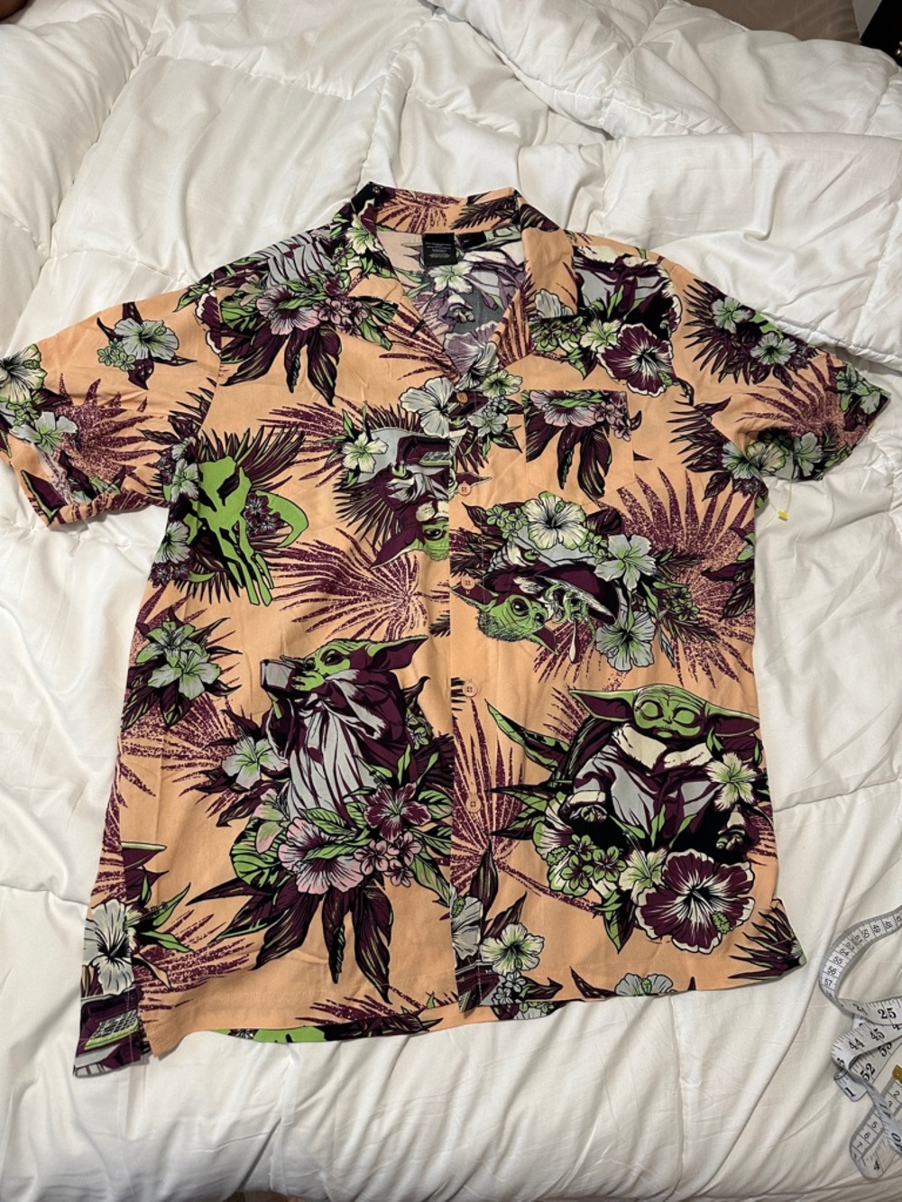 Star Wars Peach Hawaiian Button-Down Shirt with Green and Purple Accents